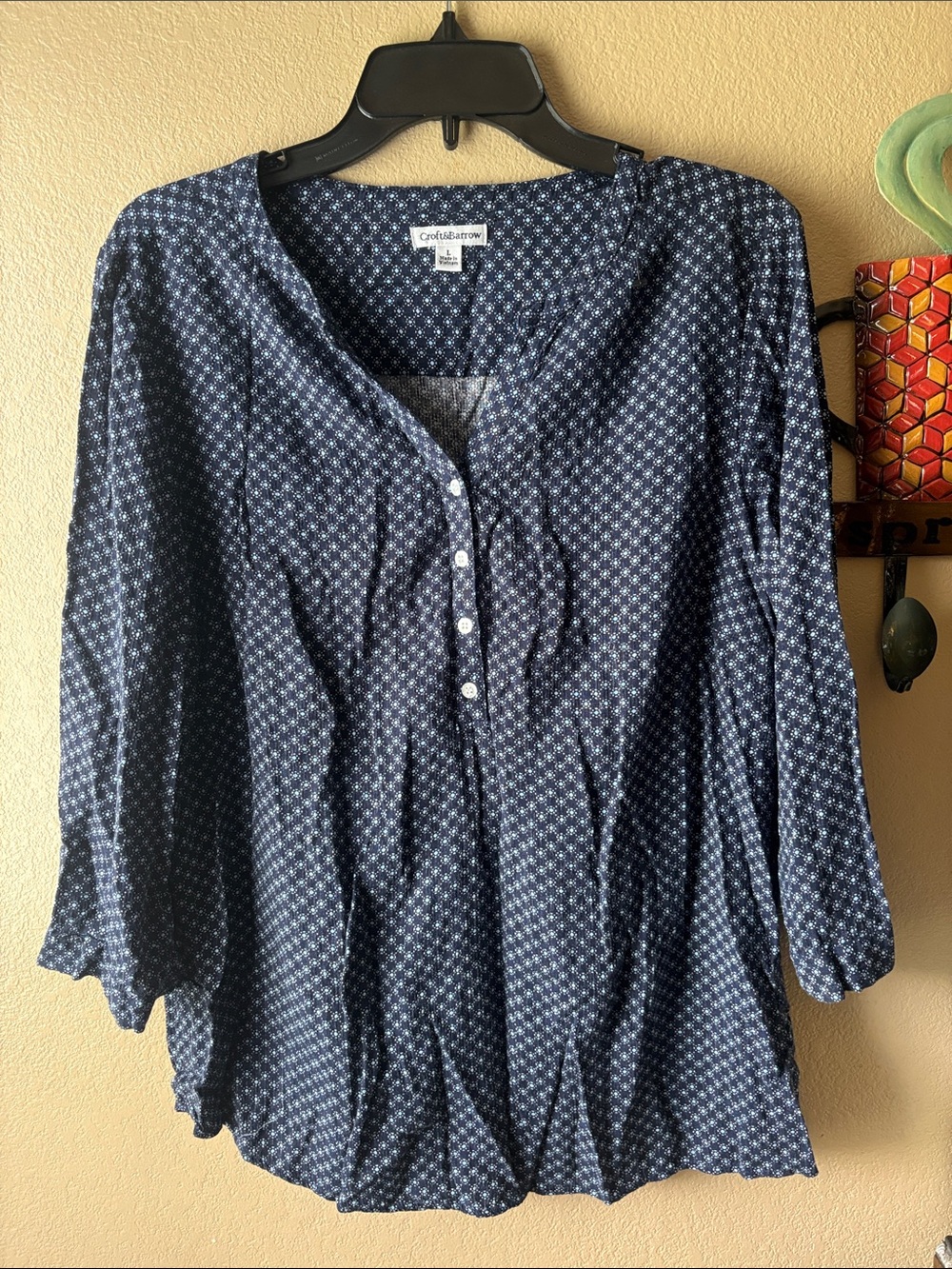 croft & barrow Navy Micro-Print Henley Blouse